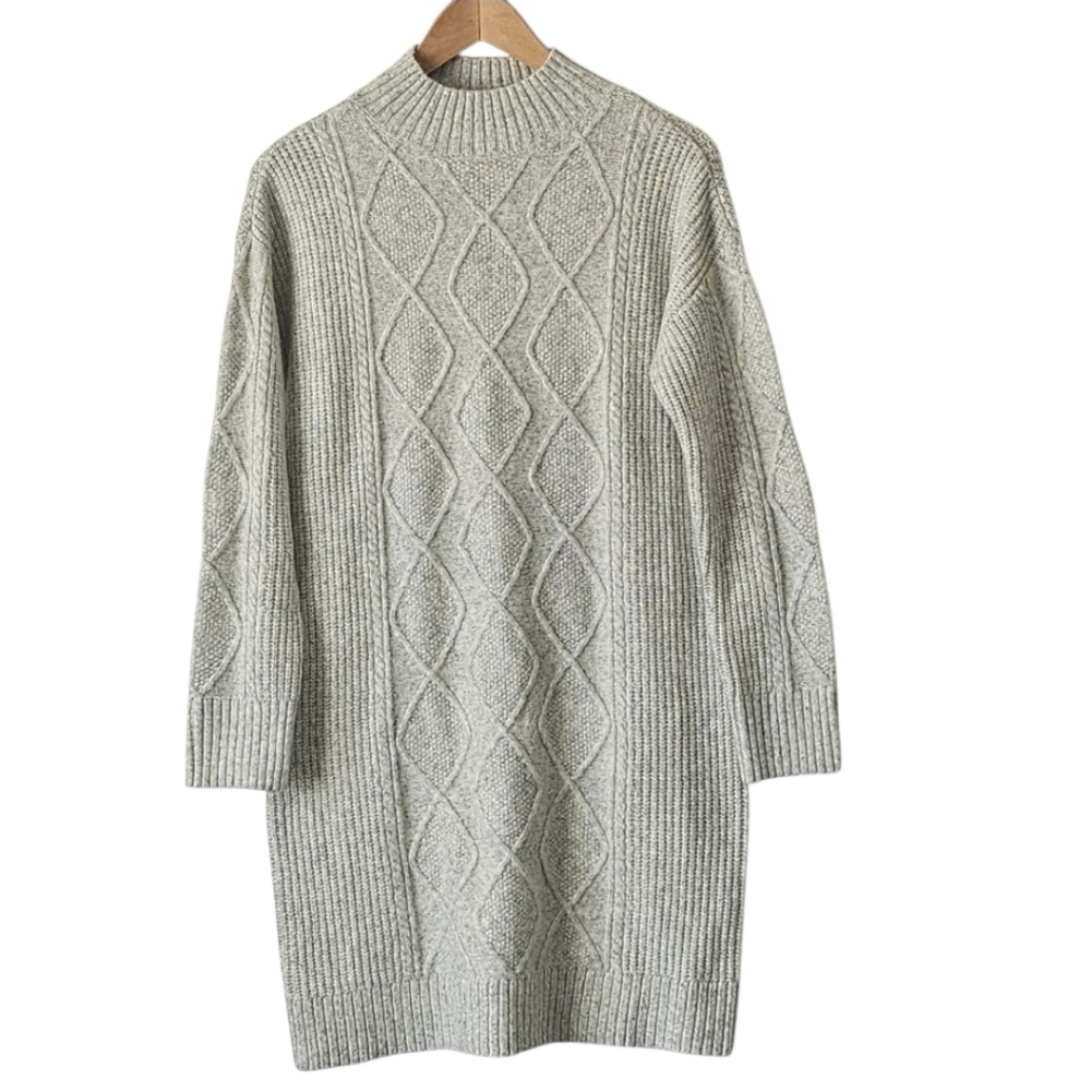 Loft Cable Turtleneck Sweater Mini Dress, Cozy, Light Heathered Gray, Size M